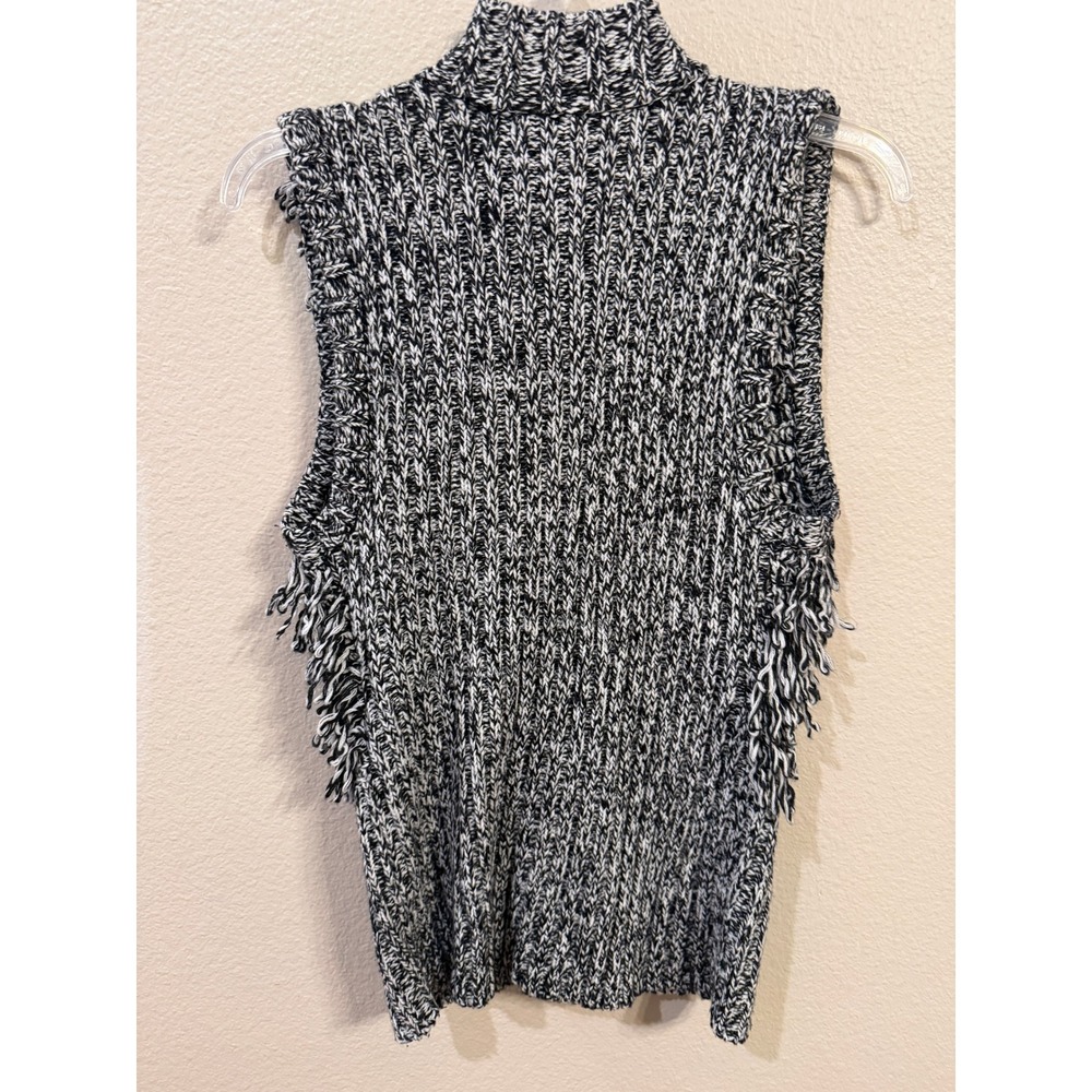 Cache Black White Knit Fringe Vest Sleeveless Turtleneck Zip Front M - Picture 4 of 4